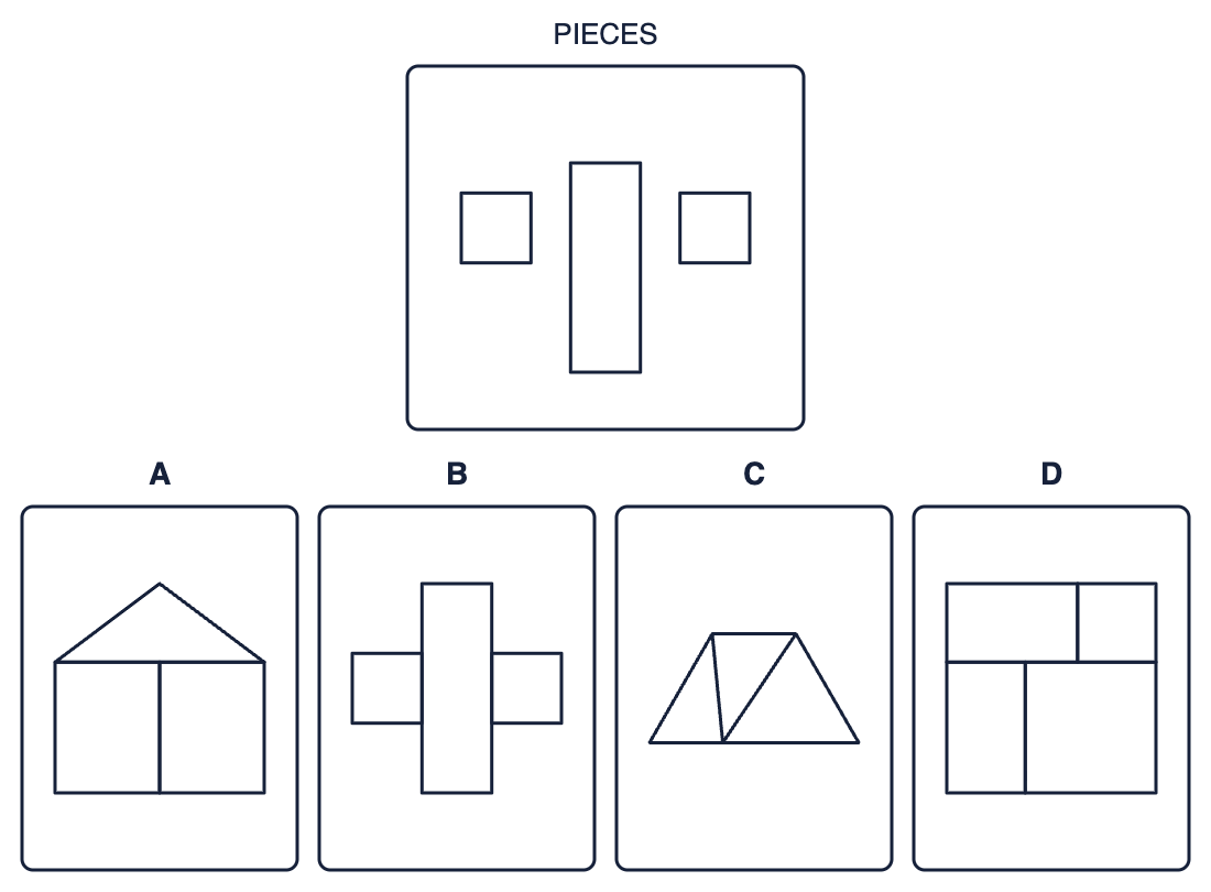 Assembly puzzle: the pieces in a box, then answer figures A to D