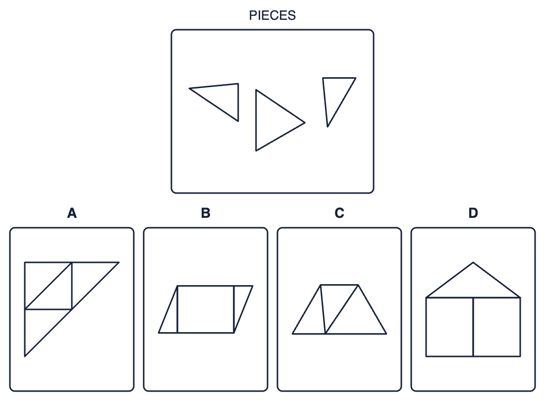 Assembly puzzle: the pieces in a box, then answer figures A to D